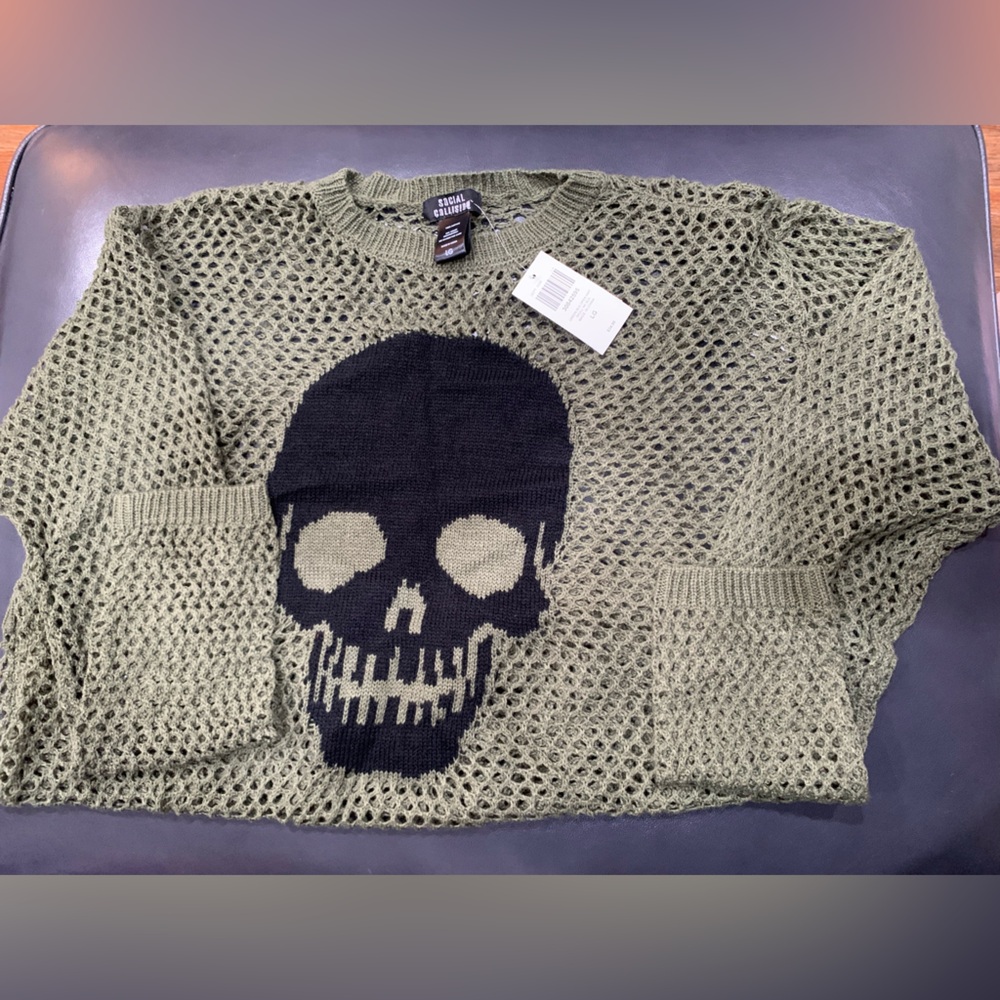 Social Collision Hot Topic Skull Girls Knit Olive Skull Mesh Sweater - Picture 3 of 5